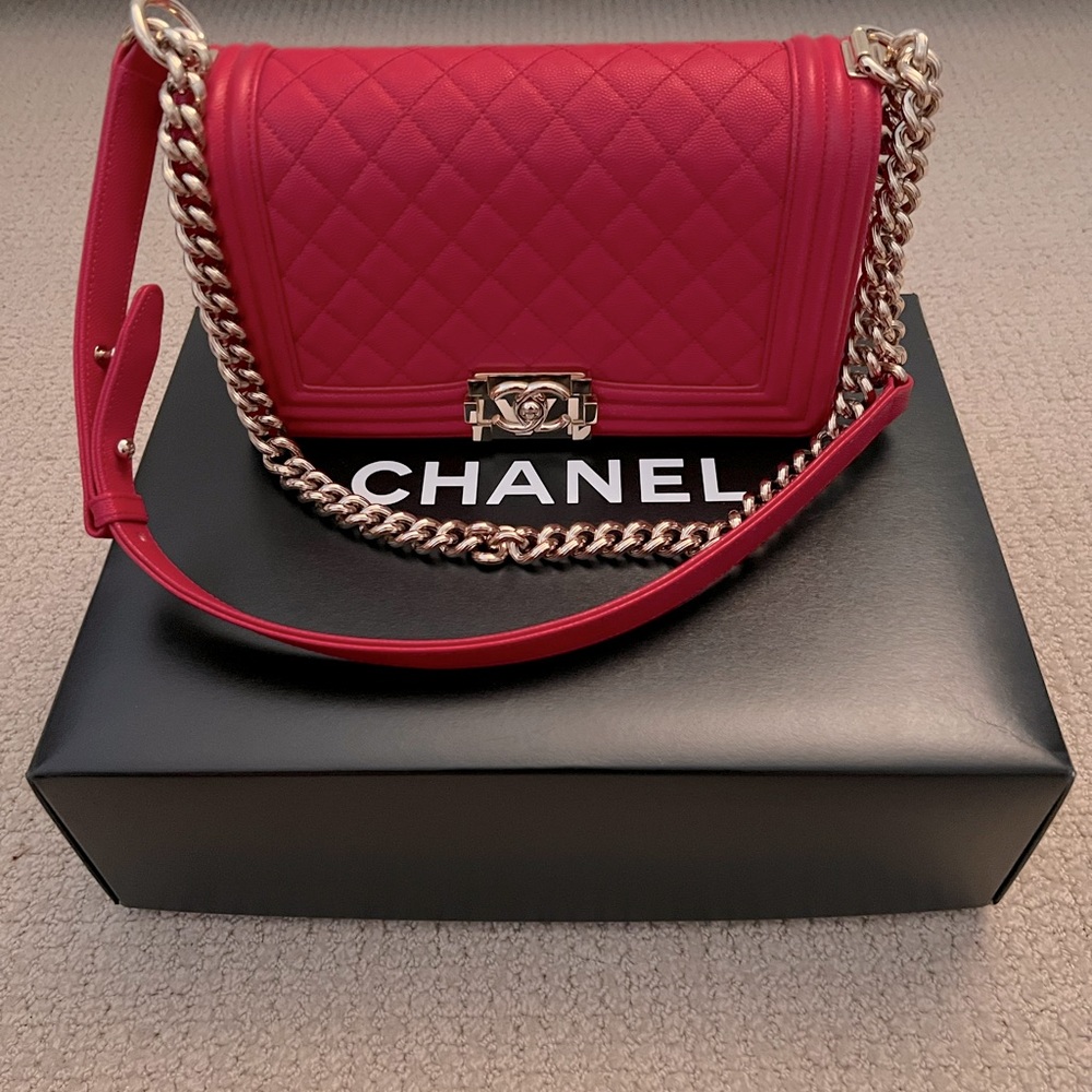 CHANEL - Rare New in Box Fuchsia Boy Bag - Old Medium Size - Full Set